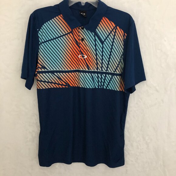Oakley Polo Shirt Men’s Large Navy Blue Multi-Color Striped Short Sleeve - Picture 1 of 8